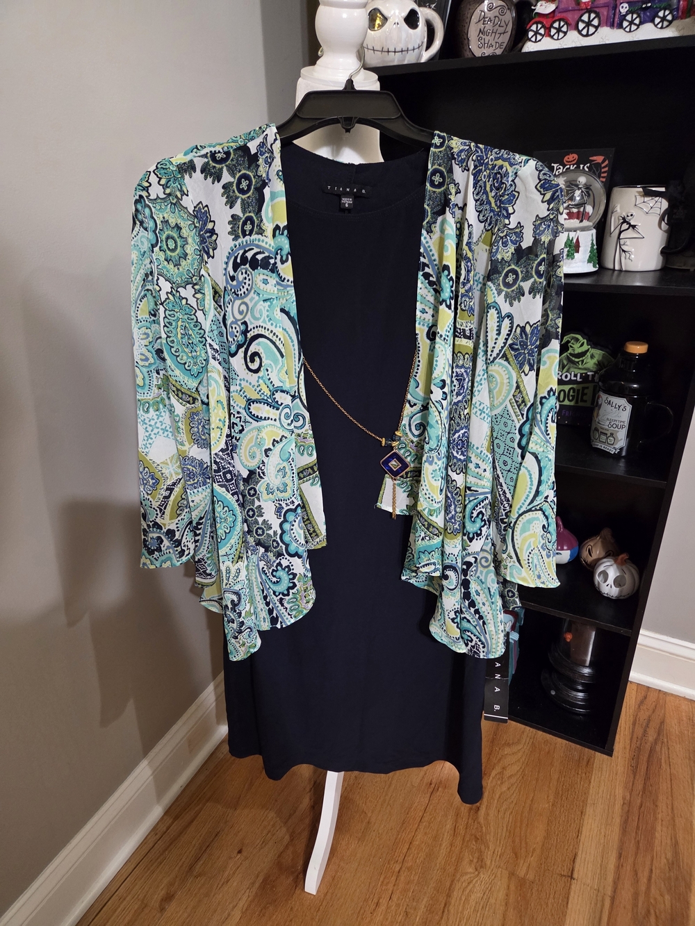 Tiana B. Black Dress with Aqua and Blue Paisley Open-Front Cardigan